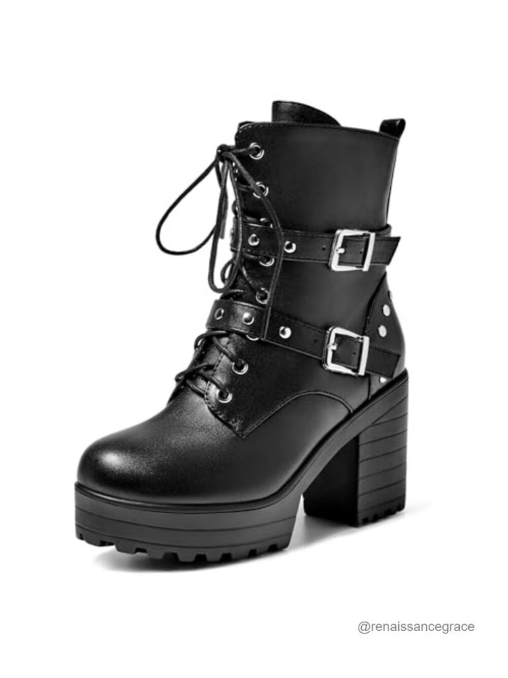 Gothic Chunky Platform Combat Boots Lace Up Side Zipper PU Leather Ankle Booties